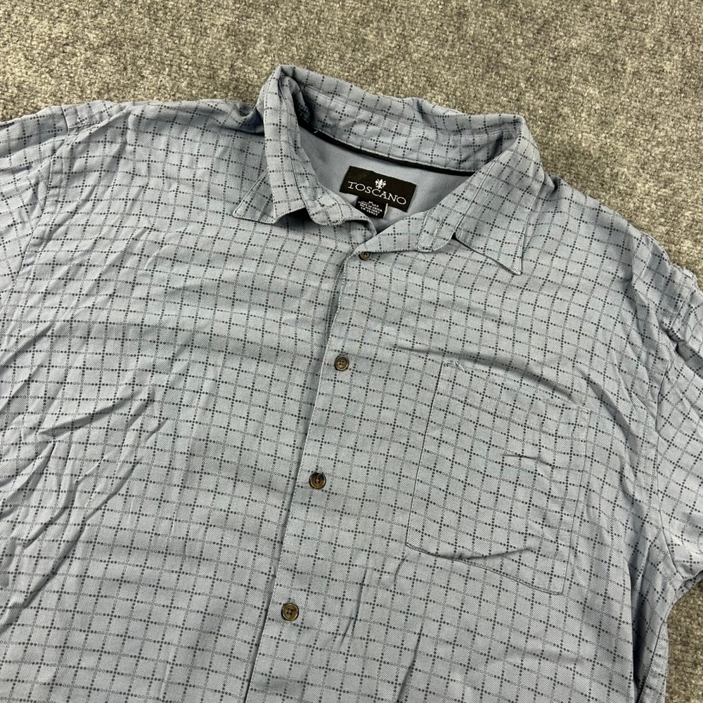 Toscano Button Up Shirt Mens XL Blue 100% Silk Geometric Short Sleeve‎ Casual